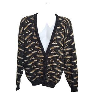 Scandia Vintage Mens Cardigan Sweater‎ Golf Grandpa Geometric Print Black USA L